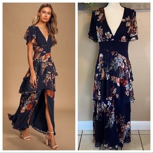 Lulus Midnight Mood Navy Blue Floral Print Tiered Maxi Dress